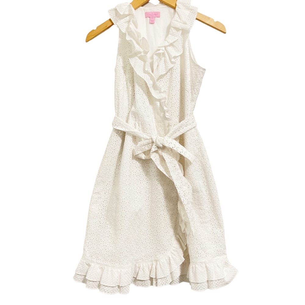 Lilly Pulitzer Kaylor White Eyelet Ruffle Neck Tie Waist Wrap Dress 0
